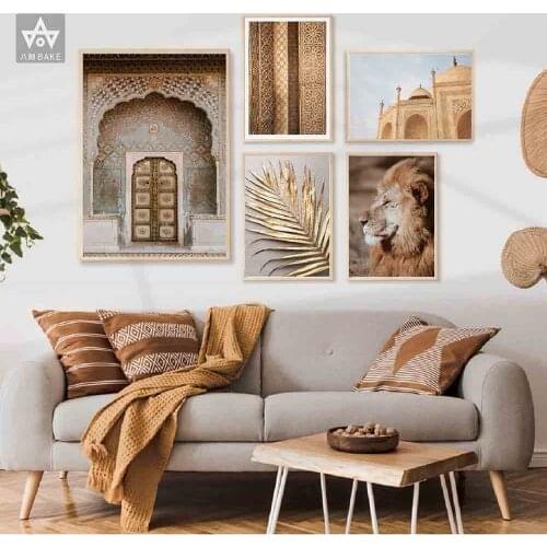 Boho Wall Art India Moroccan Print Gold Leaves Poster Lion Canvas Print Painting Wall Picture Living Room Architecture Decor