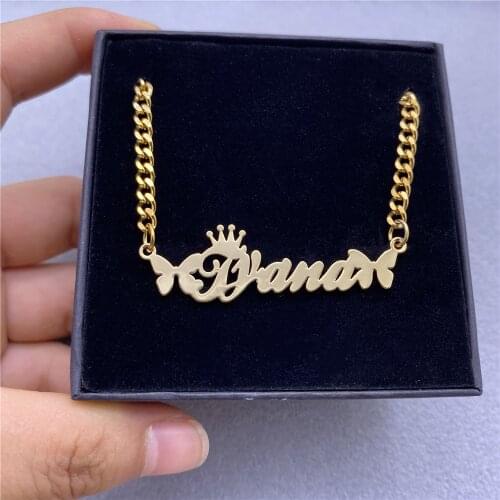 Custom Name Necklace with Butterfly Stainless Steel Cuban Chain Necklace Custom Letter Nameplated with Crown Necklace Jewelry