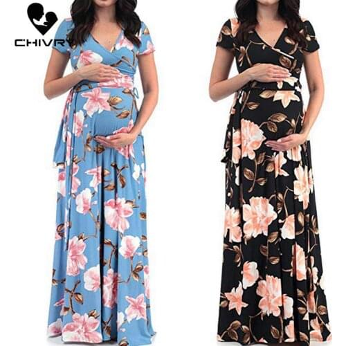 Chivry Maternity Dress Women Floral Print Short Sleeve V-neck Maxi Long Dress Pregnant Casual Clothes Summer Maternity Dress