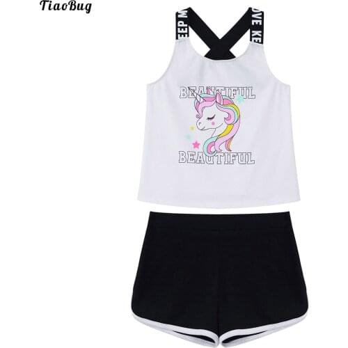 TiaoBug 2Pcs Kids Girls Sport Suit U Neck Cross Straps Open Back Cartoon Horse Print Vest And Shorts Set Casual Tracksuit Outfit