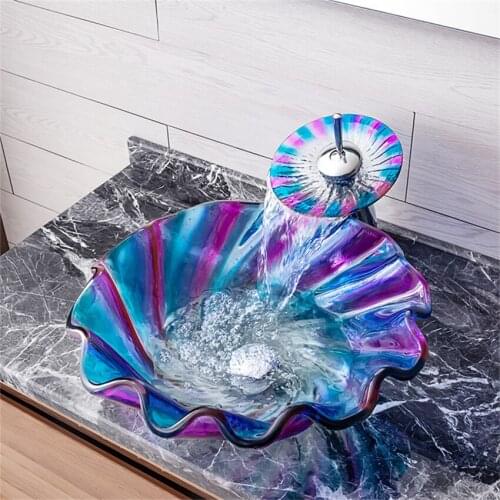 Hotel Above Counter Basin Washbasin Small Bathroom Tempered Glass Wash Basin Household Colorful Art Washbasin Sink Faucet Set