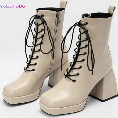 2021 Autumn Winter Women Ankle Boots Faux Leather Cross Tied Women Square High Heel Boots Platform Square Toe Womens Boots