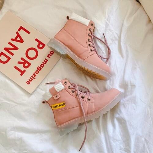 Flats Pink Martin Lolita Boot Woman New Japanese Style Autumn Motorcycle Boots Woman High Top Martins Gothic Lace-up Lolita Shoe