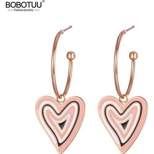 BOBOTUU Trendy White/Black Glaze Love Heart Titanium Stainless Steel Earrings Rose Gold Handmade Ear Jewelry For Women BE19145