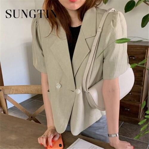 Sungtin Puff Short Sleeve Linen Cotton Blazer Jacket Women Elegant Korean Female Casual Short Sleeve Blazer Pockets Streetwear