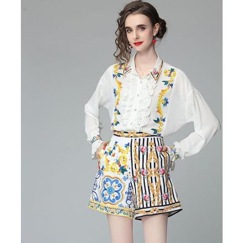 Runway Autumn Suit Women Two Piece Suits Tops And Shorts Ruffles Shirts + Print Blue White Porcelain Stripe Wide Leg Pants Sets