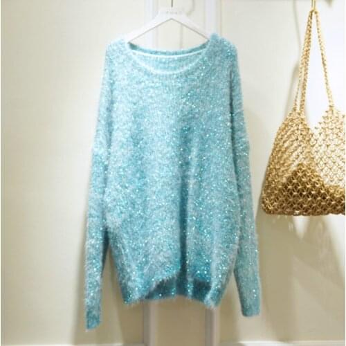 Autumn Winter Hedging Faux Mink Fur Wool Sweater Women Loose Lazy Silk Knit Cashmere Pullovers Mohair Long Sleeve Knit Crop Tops