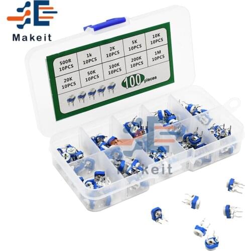 100Pcs/lot 10 Values RM065 Multiturn Trimmer Potentiometer 500R 1K 2K 5K 10K 20K 50K 100K 200K 1M Ohm Variable Resistance Kits