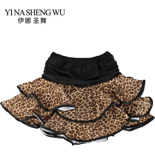 14 Colors Girls Latin Skirt Ballroom Samba Cha Cha Dance Practice Skirt With Safety Pants Kids Double-layer Mini Skirt Leopard