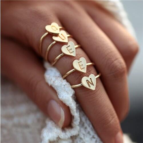 26 Initial Letters A to Z Rings for Women Jewelry Custom Basic Creative English Alphabet Love You Queen Heart Ring