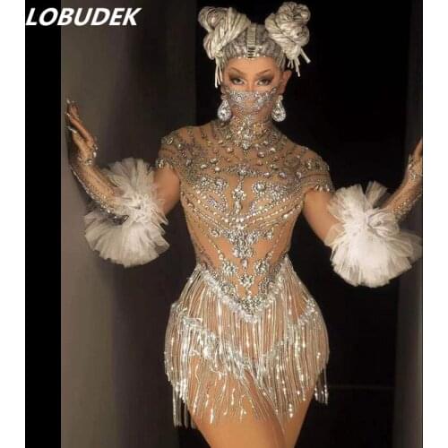 Bar Nightclub DJ Singer Sexy Stage Wear Sparkly Rhinestones Fringe Short Dress With Crystals Voile Gloves Party Show DS Costume