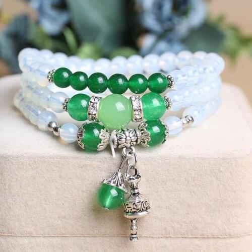 6mm Beads Natural White Opal with Green Onyx Beads Bracelet Chain Lucky Men Women Handmade Yoga Jewelry Drop Shipping