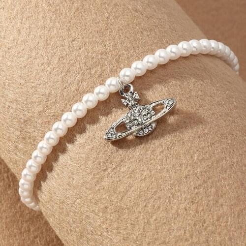 Paved Crystal Saturn Galaxy Pendant Imitated Pearl Anklet for Women Fashion Bohemian Jewelry Wholesale