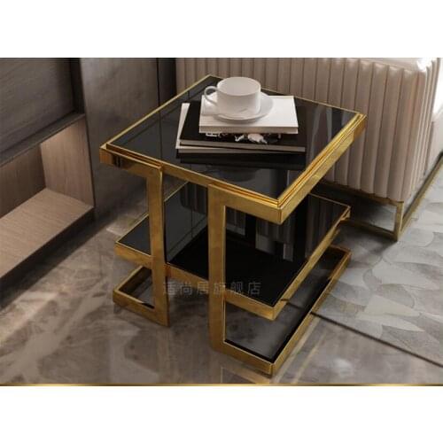 Extremely simple and light luxury golden stainless steel corner sofa edge a few layers of modern and simple tempered glass side