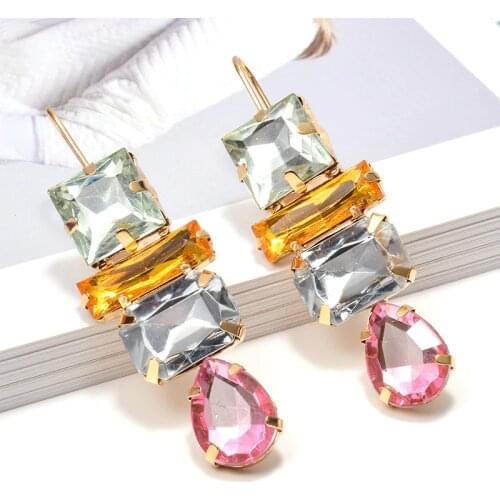 Wholesale Colorful Rhinestone Long Drop Earrings High-Quality Fashion Geometric Clear Crystals Jewelry Accessories For Women