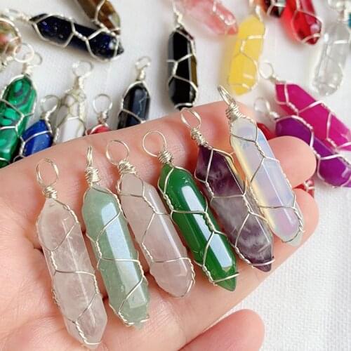Healing Natural Crystal Necklace Wire Wrap Hexagonal Multicolor Stone Quartz Pendulum Pendant Amethysts Point Chakra Pendulo