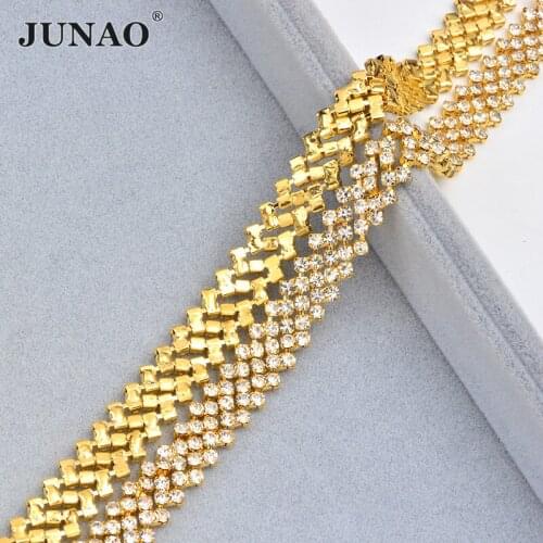 JUNAO SS16 Glitter Gold Glass Crystal Rhinestone Chain Trim Decorative Golden Strass Cup Chain Sew On Crystal Ribbon for Clothes