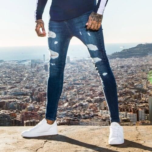 2021 Newest Skinny Hole Ripped Jeans Men Streetwear Slim Pencil Pants Casual Mid Waist Close-Fitting Stretch Trousers