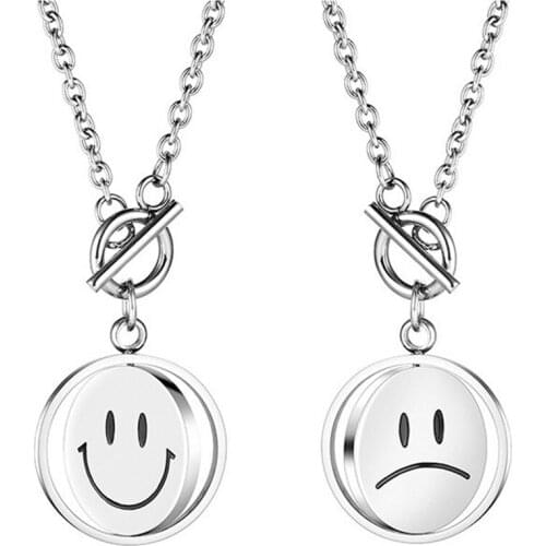 Fashion Design Women and Men Rotatable Smile Face Crying Face Expression Necklace Interesting Stainless Steel Couple Necklace