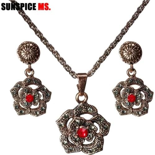 SUNSPICE MS Vintage Earring Necklace Sets For Women Boho Flower Jewelry Antique Gold Color Nigerian Wedding Bijoux