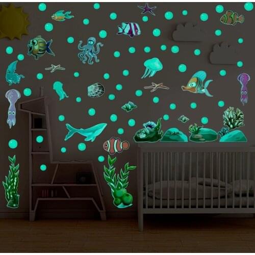 Ocean Underwater World Luminous Wall Stickers Home Decor Living Room Childrens Room Bedroom Wall Decal Cartoons Wallpaper