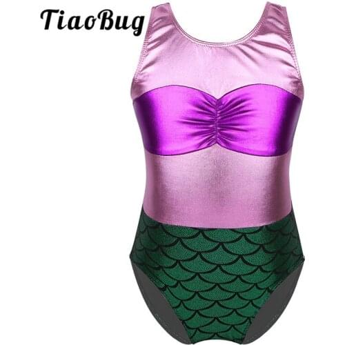 TiaoBug Kids Metallic Mermaid Scales Printed Sleeveless Stage Performance Ballet Dance Costume Gymnastics Leotards for Girls