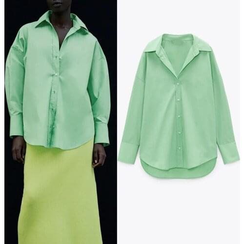 TRAF Za Top Woman Green Poplin Women Shirt Yellow Button Up Shirt Asymmetric Hem Pink Blue Office Long Sleeve Summer Blouse