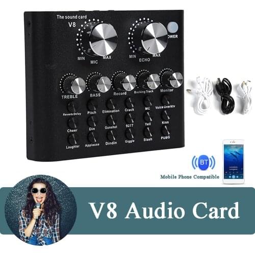 V8 Sound Card Audio Set Interface External Usb Live Microphone Sound Card Bluetooth Function for Computer PC Mobile Phone Sing