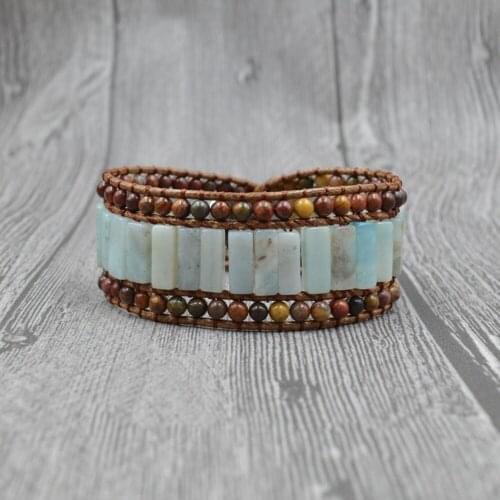 High End Geometric Amazonite Cuff Bracelets for Women 4mm Picasso Stone 3Rows Beads Wrap Bracelets Lucky Jewelry Handmade Gift