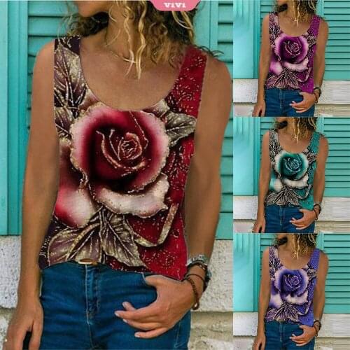 T-shirt Ladies SSummer Fashion Loose Round Neck Pullover Rose Print Sleeveless Vest Top