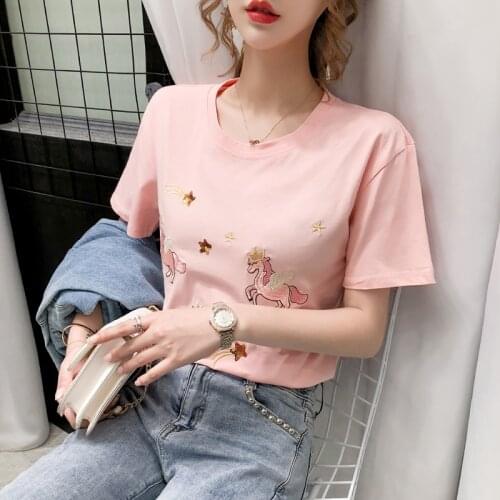 Web celebrity T-shirt female embroidery small fly Ma Liang short sleeve T-shirt summer long render in new white shirt