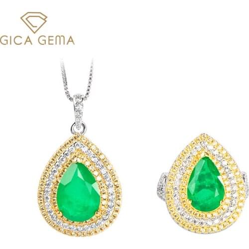 GICA GEMA Water Drop Jewelry Set For Women Real 925 Sterling Silver Emerald Topaz Pendant Rings Gemstone Engagement Fine Jewelry