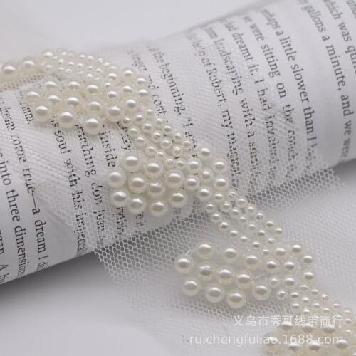 1Yard White DIY Hand-stitched Pearl Beads Braid Mesh Lace Ribbon Wedding Dress Skirts Collar Neckline DIY Sewing Appliques