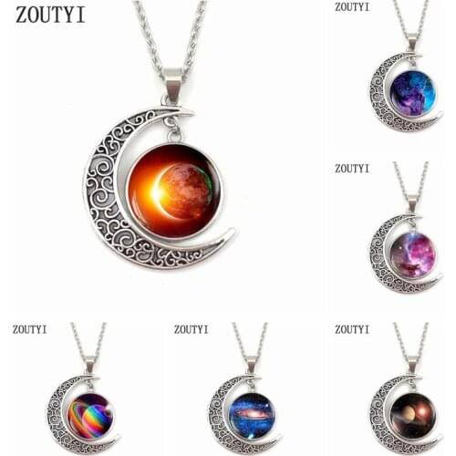 2019/New Galaxy Space Universe Moon Pendant Crystal Convex Round Glass Necklace, Galaxy Jewelry Gifts