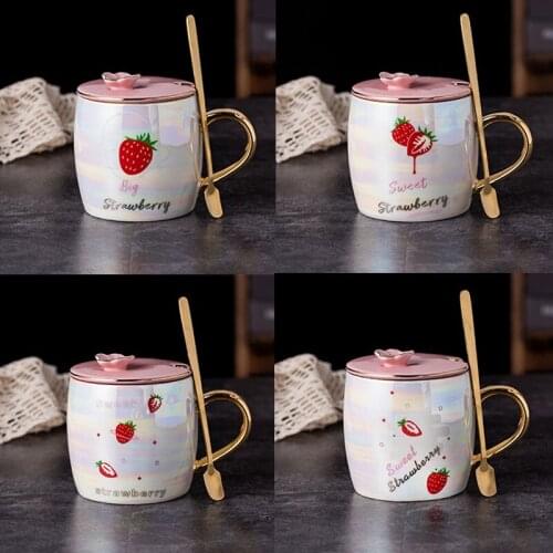 350ML Simple Strawberry Colorful Pearlescent Ceramic Mug With Lid And Spoon For Men and Women Pearl Glaze Mug Milk Coffee Cup