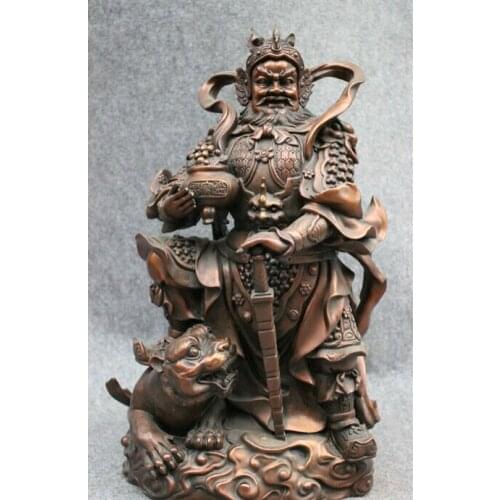 Fast shipping USPS to USA S1773 18" Chinese Pure Bronze Warrior Emperor Lord Wealth Mammon God Ride Tiger Statue