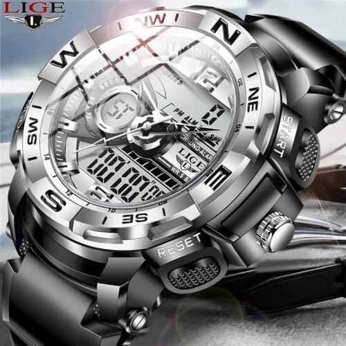 2021 LIGE Sport Men Quartz Digital Watch Creative Diving Watches Men Waterproof Alarm Watch Dual Display Clock Relogio Masculino