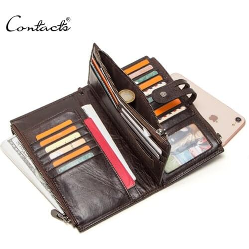 CONTACTS Genuine Leather Men Wallet Long Clutch Wallets for Cell Phone Women Coin Purse Travel Money Bag Male Passport Holder