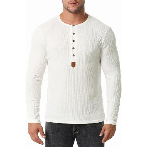 Classic Striped Waffle Cotton T Shirt Men Hipster Slim Fit Long Sleeve T-shirt Men Solid Color Button Up Casual Tee Shirt Homme