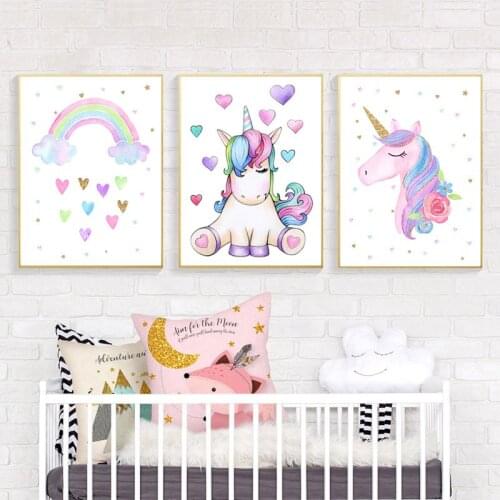 Unicorn Wall Art Nordic Kids Print Nursery Canvas Poster Rainbow Paintings Cartoon Poster Wall Pictures Baby Girl Room Unframed