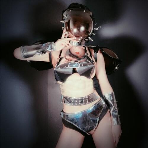 Nightclub Bar Silver Mirror Future Technology Sexy Bikini GoGo Costume Female Singer DS Jazz Dance Costume Stage Costume DWY3997