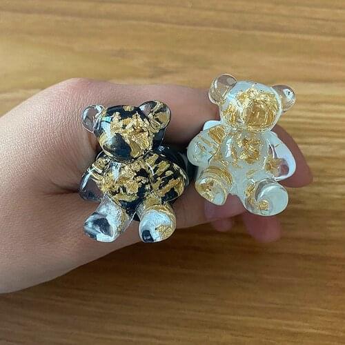 2021 New Golden Foil Transparent Bear Resin Rings Geometric Round Acrylic Square Ring for Women Girls Fashion Party Jewelry Gift