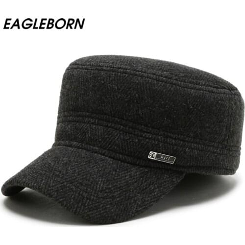 New Hats Men Military Cap Winter Hats Warm Ear Caps Fashion Dad Hat Caps Thick Cotton Caps Captain Hat Army Cap Men Herringbone