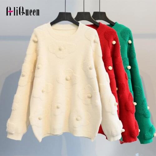 2020 Autumn Women Thick Long Sleeve Plush Ball Knitted Loose Sweaters Pullover Korean Female White Winter Warm Oversized Sweater