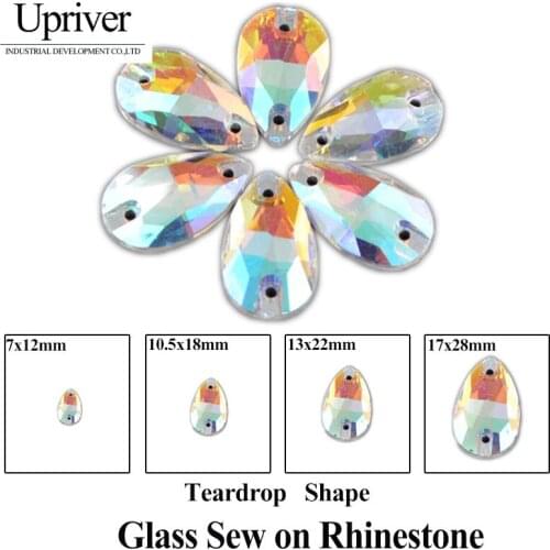 Upriver All Sizes Clear AB Crystal AB Whtie AB Flatback Drop Water 2 Holes Glass Sewing On Rhinestones For Wedding Decoration