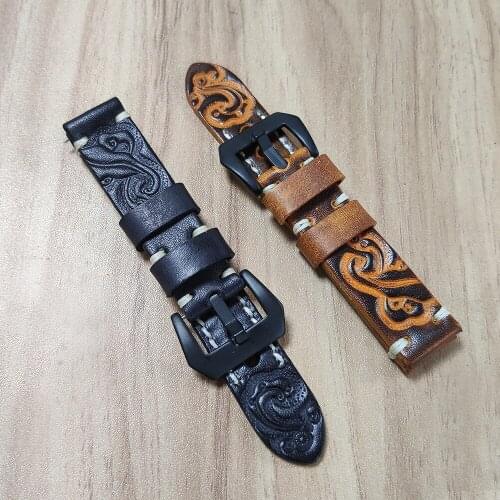 3D Engrave Floral Genuine Leather Watchband 18mm 20mm 22mm 24mm Vintage Leather Watch Band Grain Strap Bracelet for Tissot Seiko