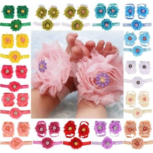Flower Baby Barefoot Sandals Set Shabby Chiffon Flower Newborn Sandals Baptism Shoes Baby Toddler Shoes Photo Props 18 Colors