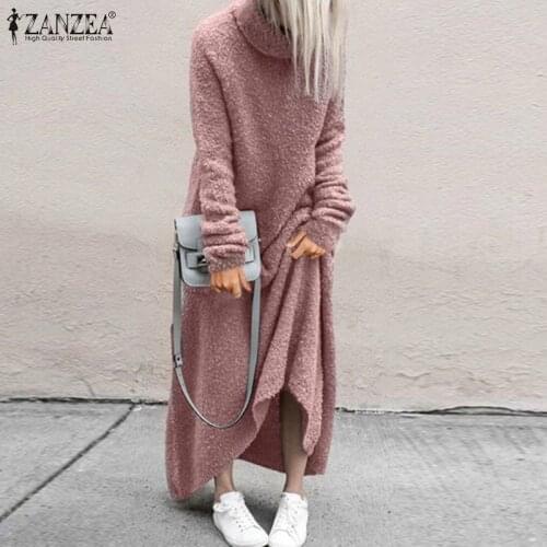 ZANZEA Women Fashion Casual Long Sleeve Sundress Autumn Elegant Turtleneck Solid Kaftan Holiday Loose Maxi Dress Oversized Robe