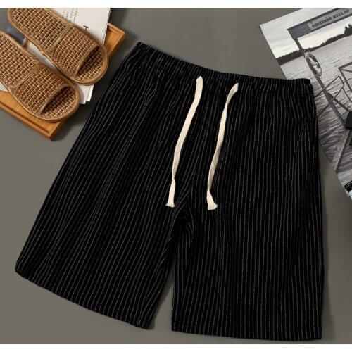 New Mens Casual Shorts Cotton and Linen Vertical Strip Beach five-point big Size pants