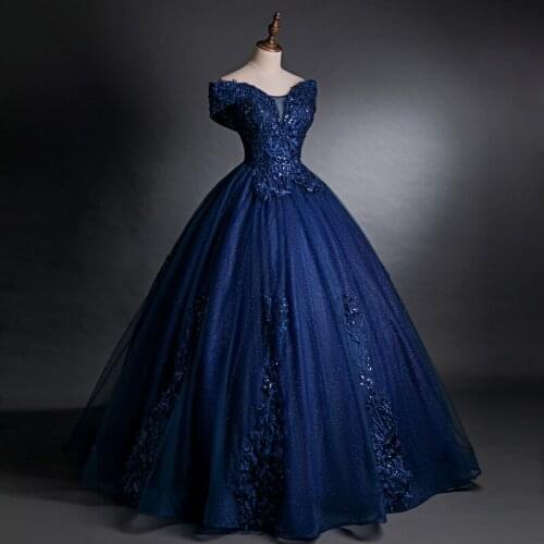 Navy beading vintage ball gown princess cosplay wonderland medieval dress Renaissance gown queen Victoria Belle Ball
